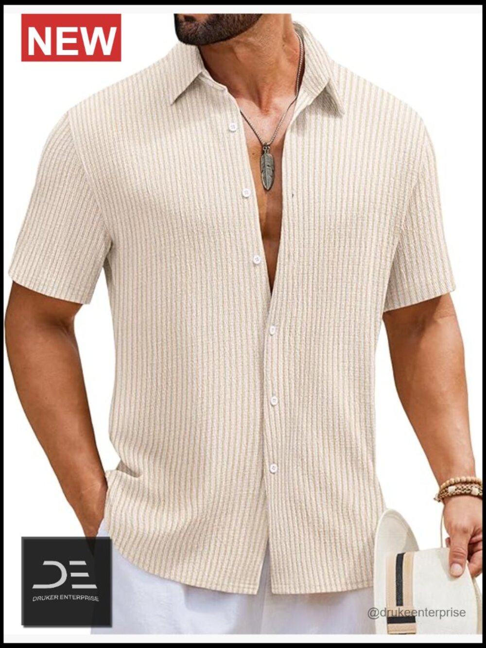 Mens Short Sleeve Casual Button Down Striped Summer Beach Shirt Textured